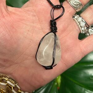 CLEAR QUARTZ black wire wrapped crystal pendant necklace